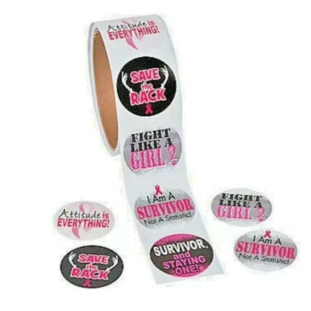 300 Breast Cancer Awareness Pink Ribbon Motivational Sayings Stickers 3 Rolls